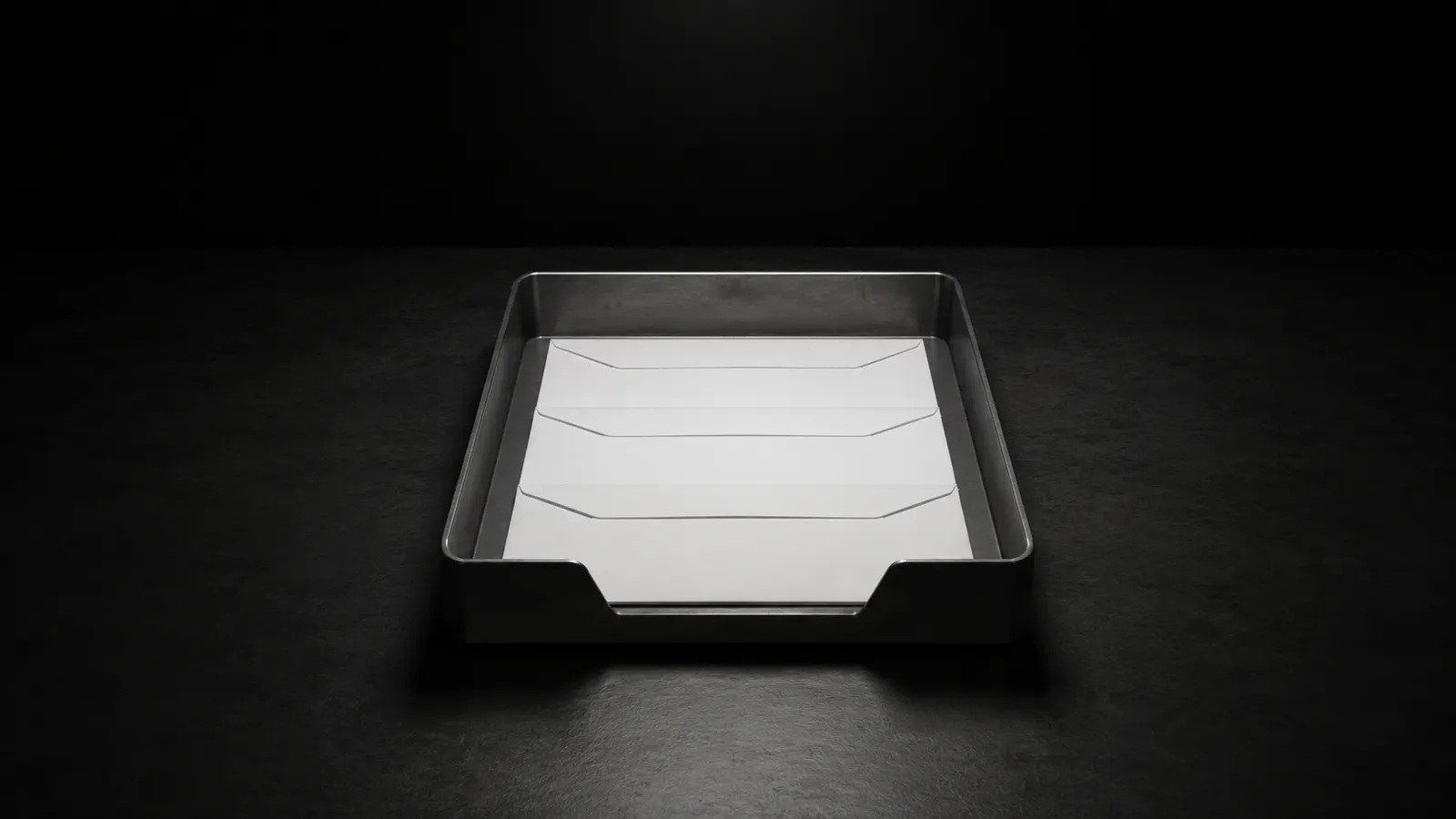 A desk tray holding exactly three envelopes