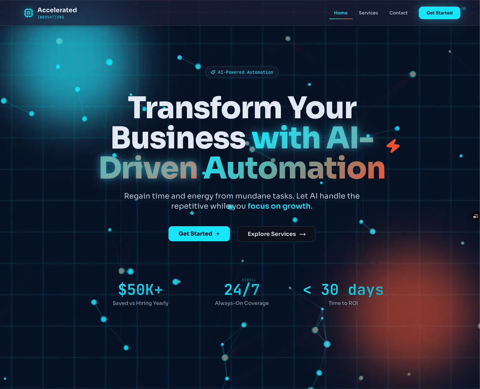 Accelerated Innovations website - Modern AI consulting company site with dark theme, animated backgrounds, and service showcases