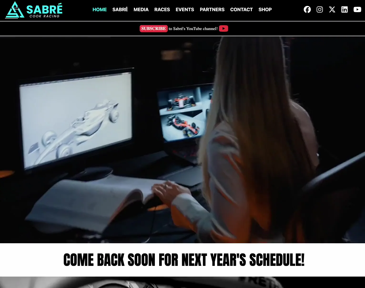 Sabré Cook Racing website homepage - Bold racing design with sponsor integration, built with Next.js and Sanity CMS