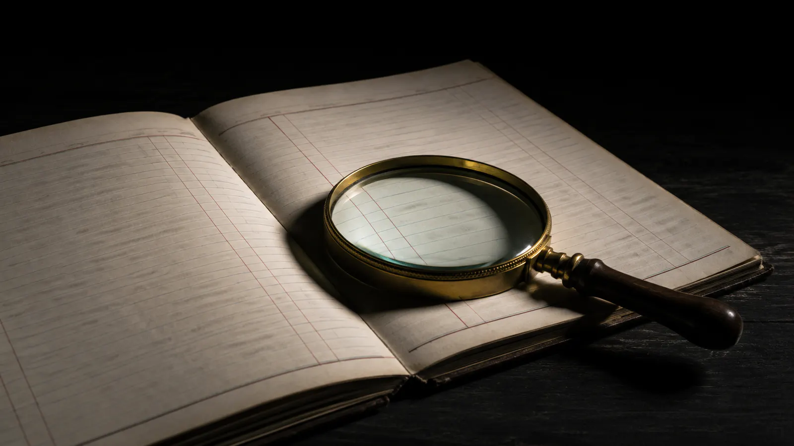 A magnifying glass resting on a blank ruled ledger
