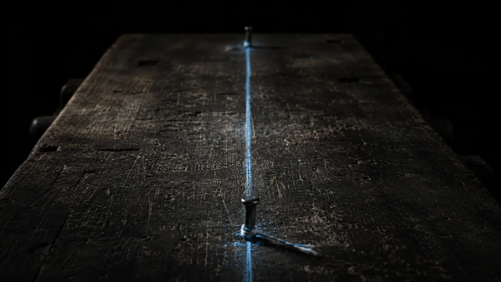 A chalk line snapped taut between two nails on a workbench