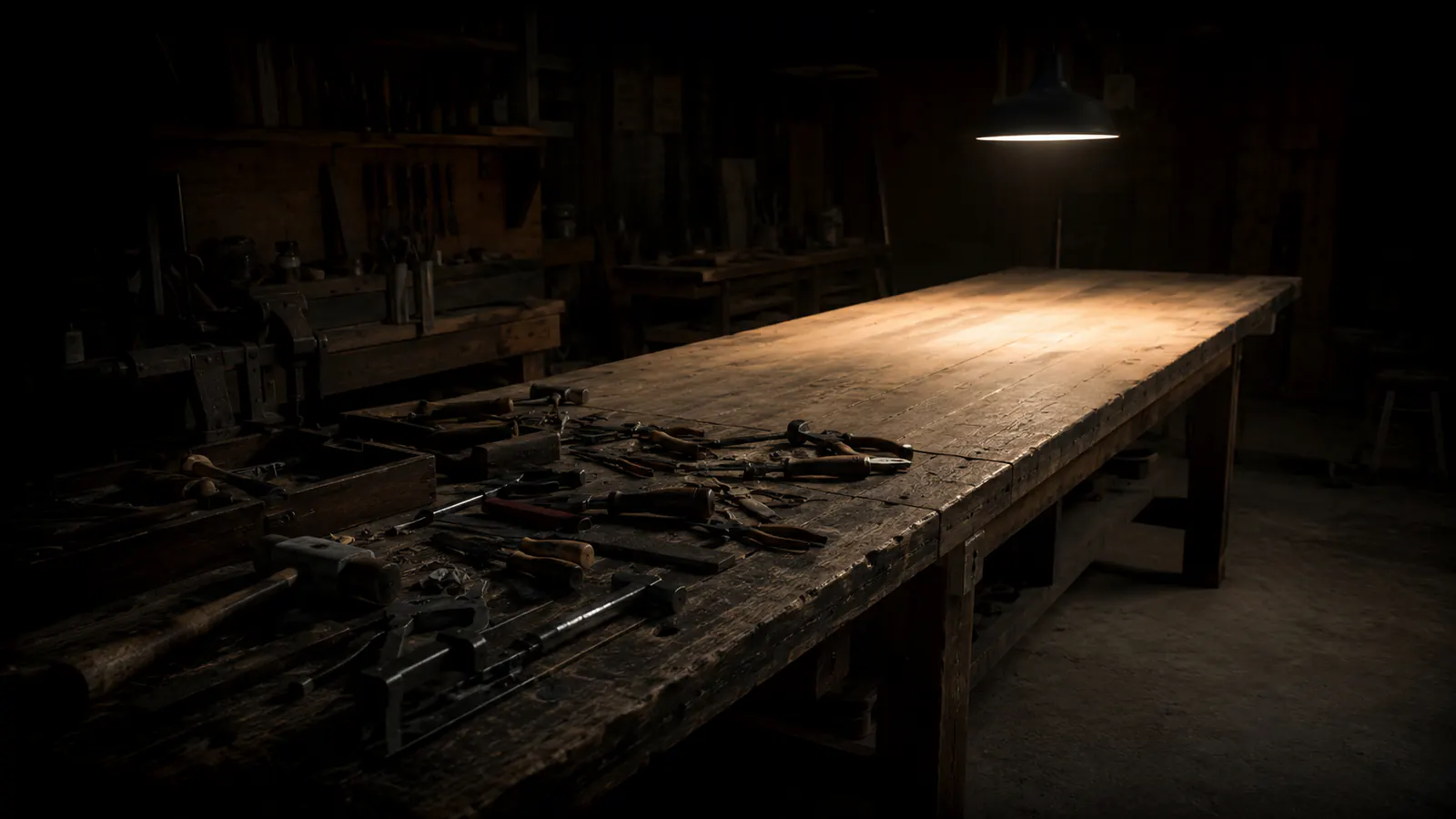 A workbench, half cluttered and dim, half cleared and lit