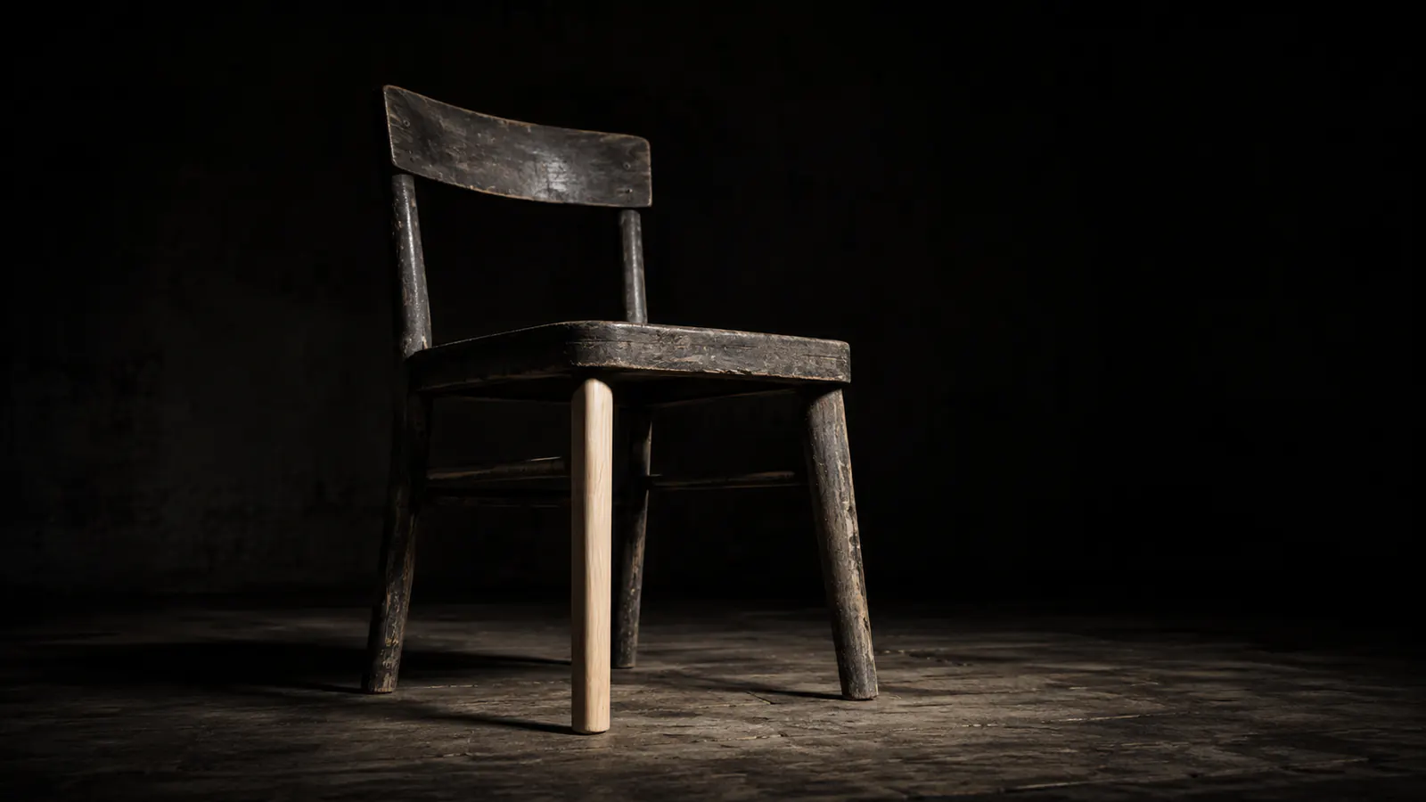 A wooden chair with one leg replaced in fresh timber