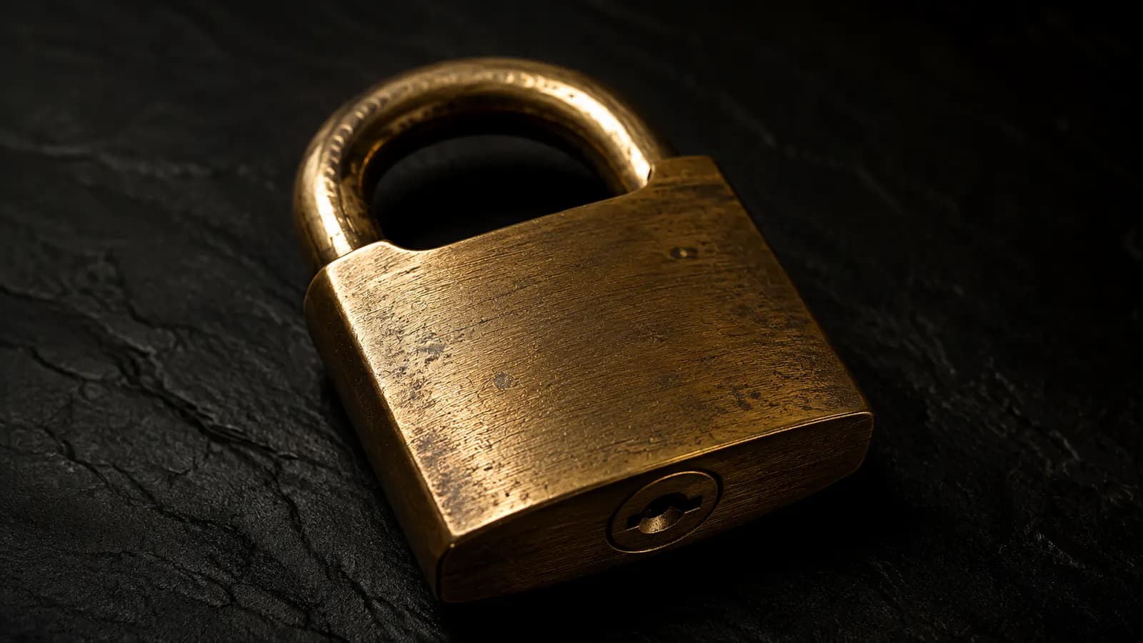 A closed brass padlock on dark slate